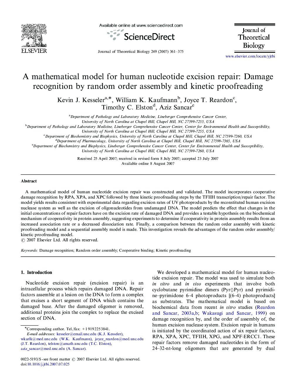 A mathematical model for human nucleotide excision repair: Damage recognition by random order assembly and kinetic proofreading