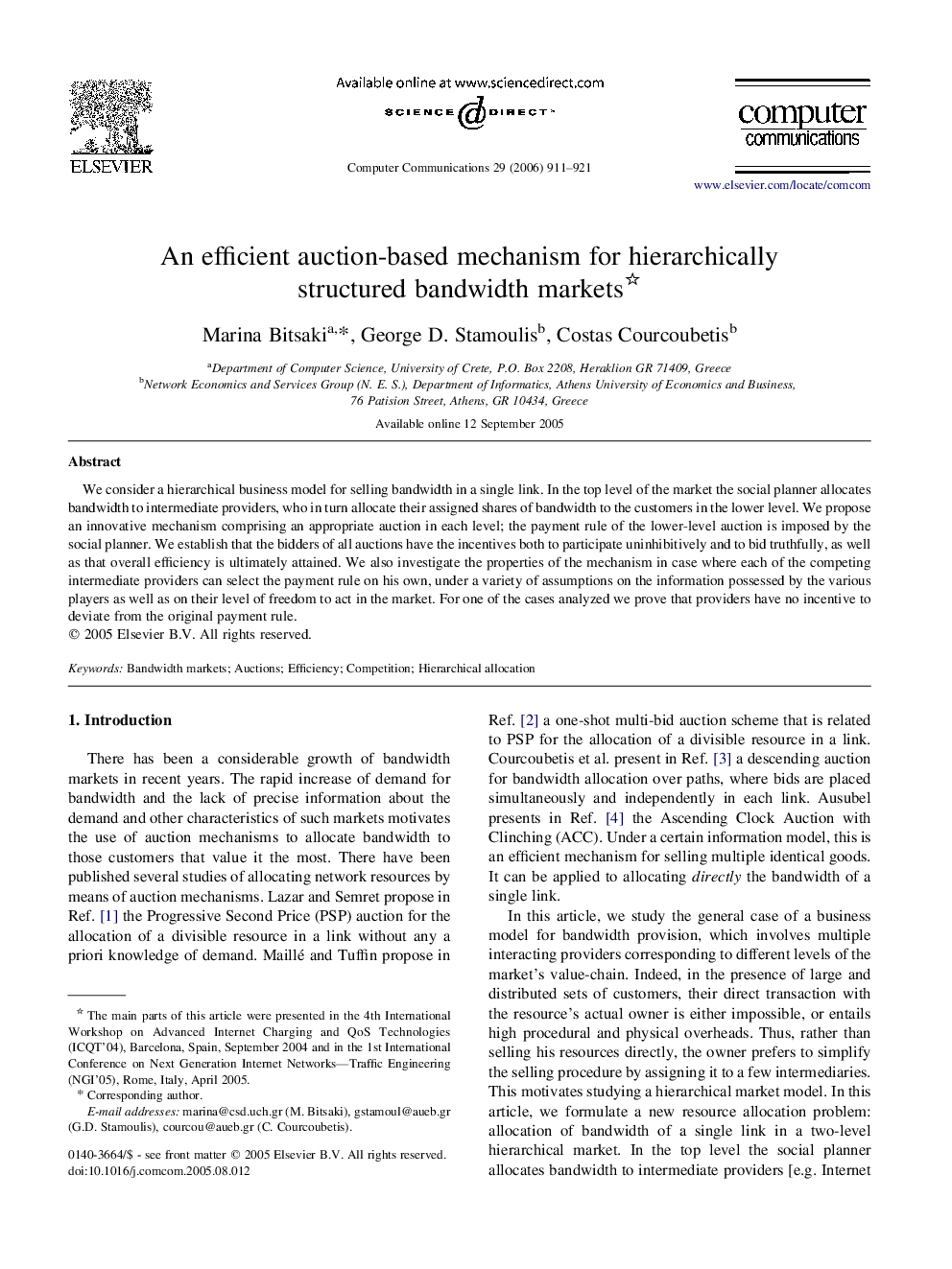 An efficient auction-based mechanism for hierarchically structured bandwidth markets 