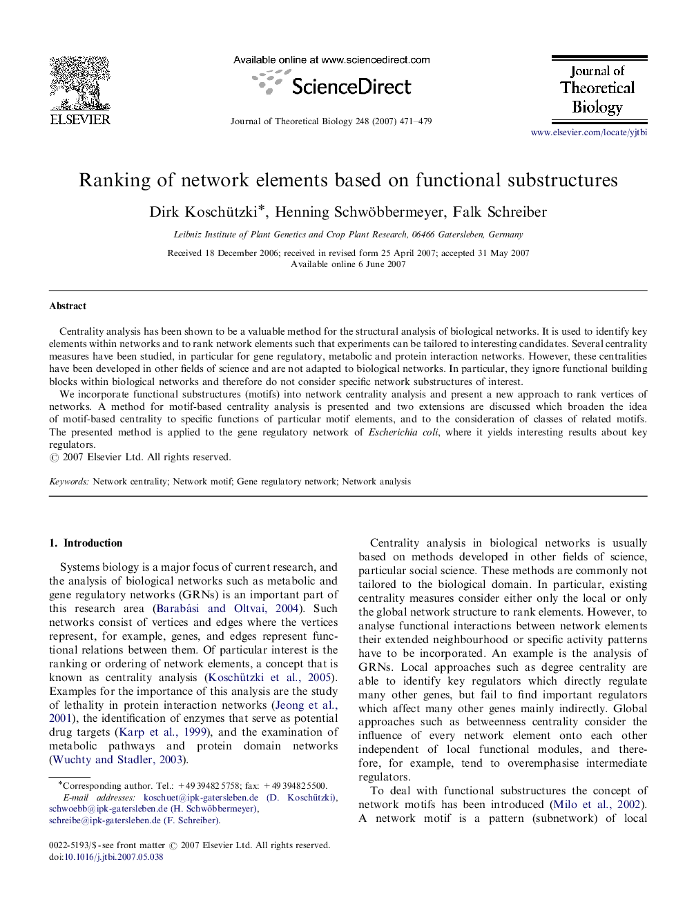 Ranking of network elements based on functional substructures