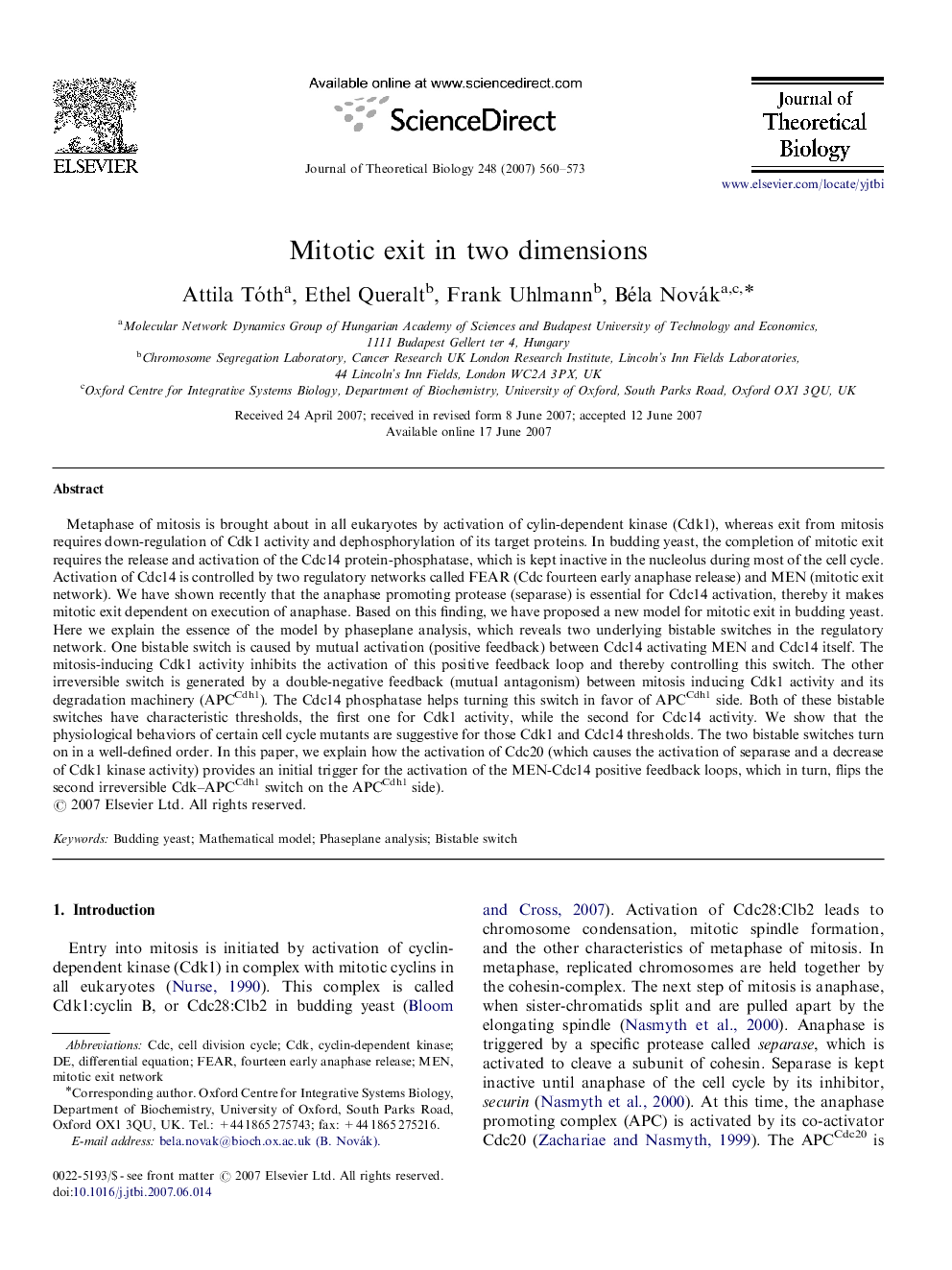 Mitotic exit in two dimensions