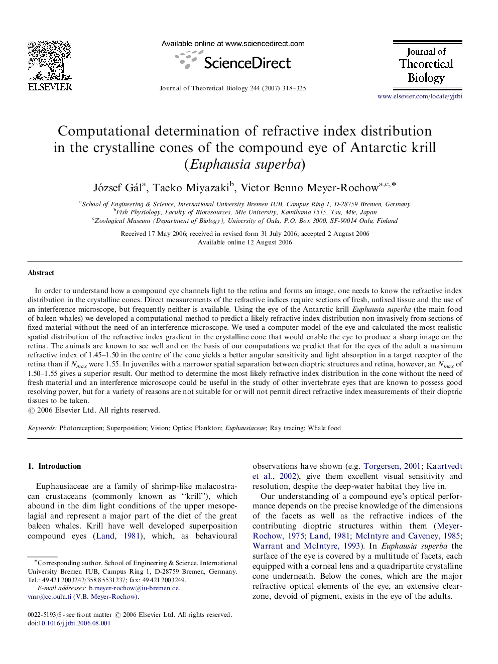 Computational determination of refractive index distribution in the crystalline cones of the compound eye of Antarctic krill (Euphausia superba)