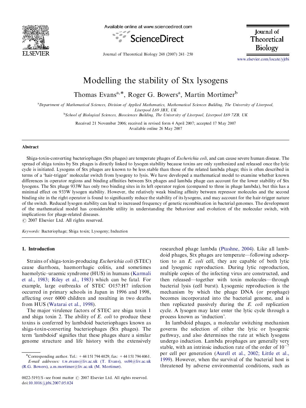 Modelling the stability of Stx lysogens