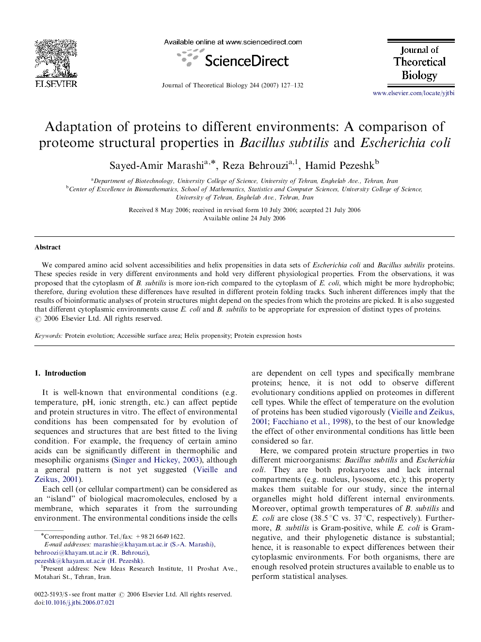 Adaptation of proteins to different environments: A comparison of proteome structural properties in Bacillus subtilis and Escherichia coli