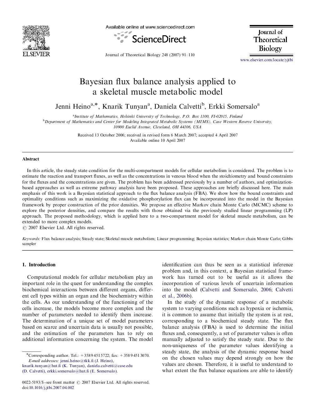 Bayesian flux balance analysis applied to a skeletal muscle metabolic model