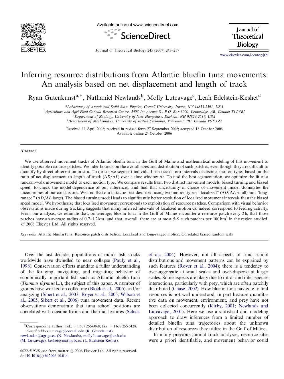 Inferring resource distributions from Atlantic bluefin tuna movements: An analysis based on net displacement and length of track