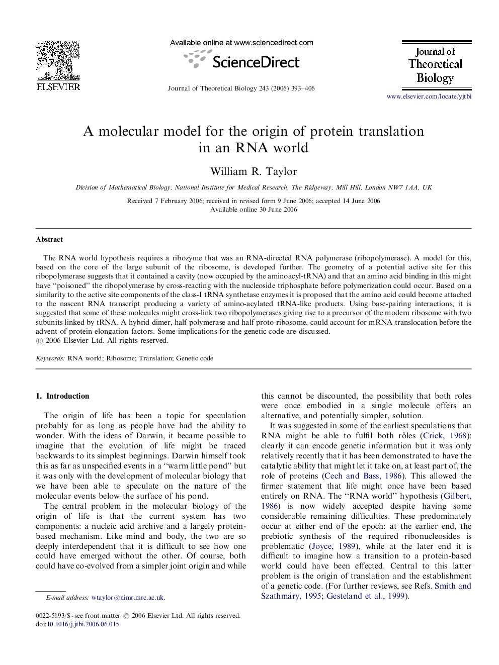 A molecular model for the origin of protein translation in an RNA world