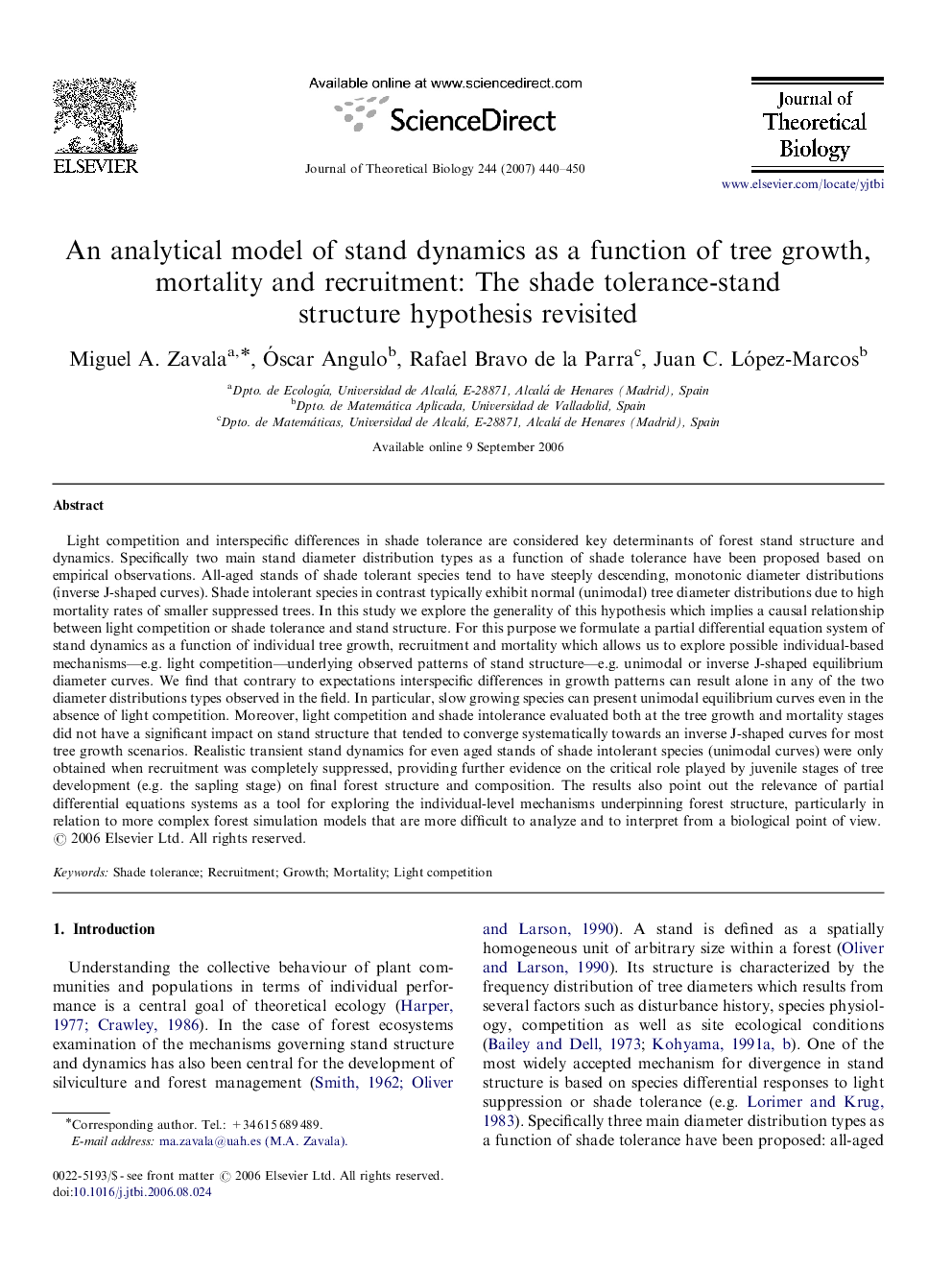 An analytical model of stand dynamics as a function of tree growth, mortality and recruitment: The shade tolerance-stand structure hypothesis revisited