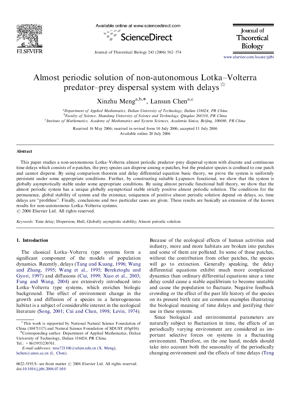 Almost periodic solution of non-autonomous Lotka–Volterra predator–prey dispersal system with delays 