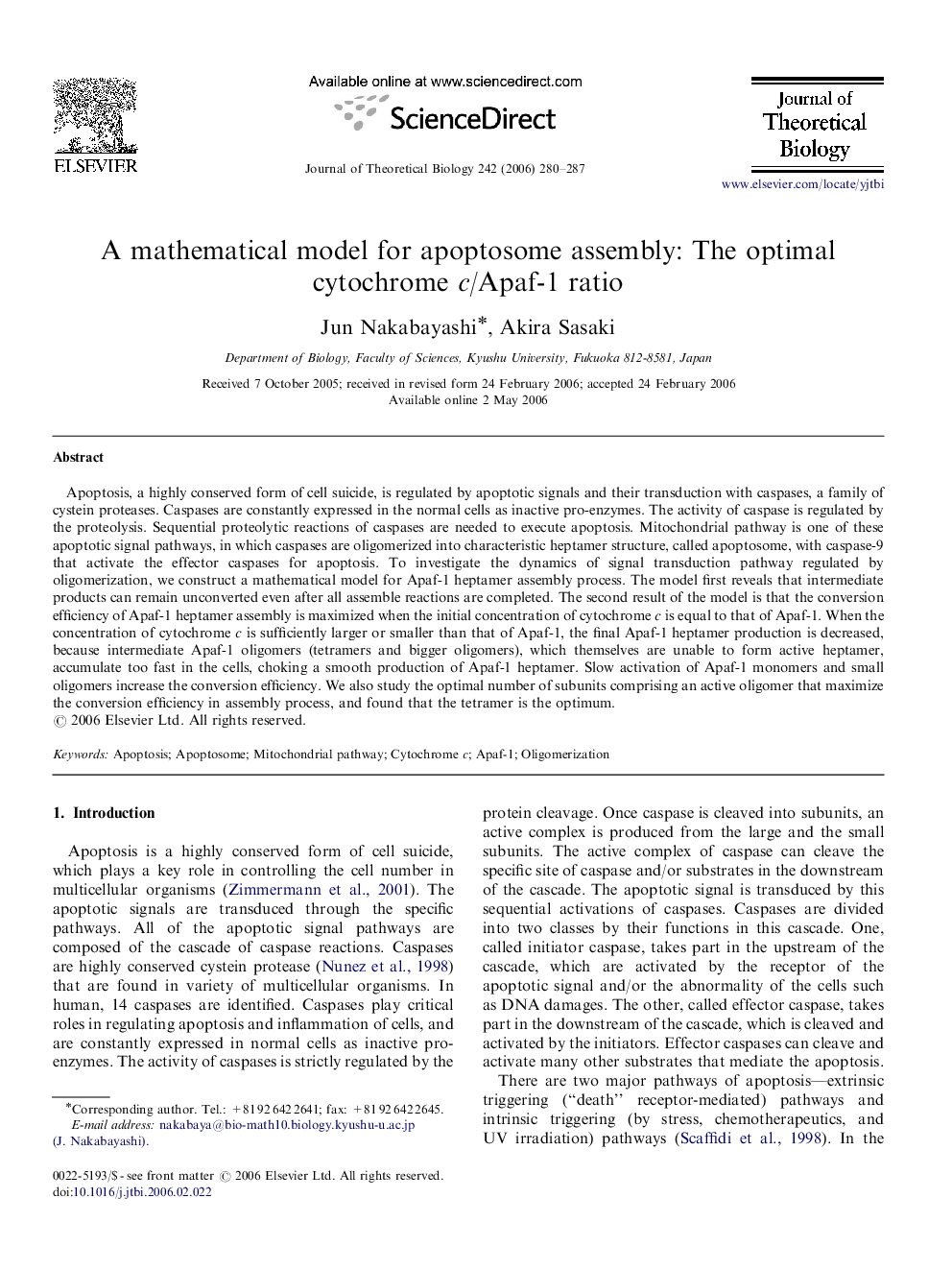 A mathematical model for apoptosome assembly: The optimal cytochrome cc/Apaf-1 ratio