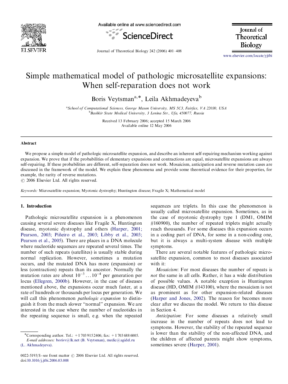 Simple mathematical model of pathologic microsatellite expansions: When self-reparation does not work