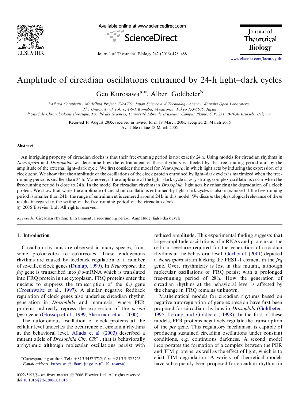 Amplitude of circadian oscillations entrained by 24-h light–dark cycles