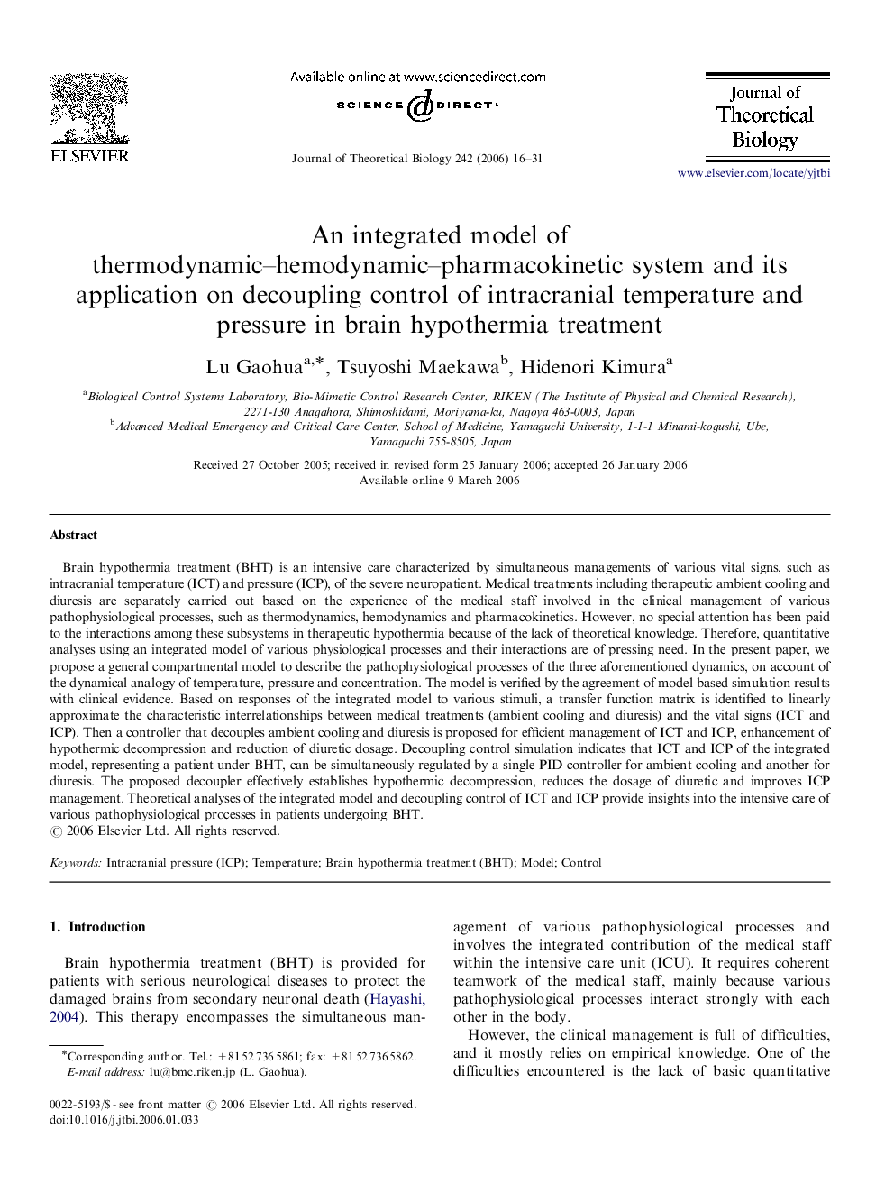 An integrated model of thermodynamic–hemodynamic–pharmacokinetic system and its application on decoupling control of intracranial temperature and pressure in brain hypothermia treatment