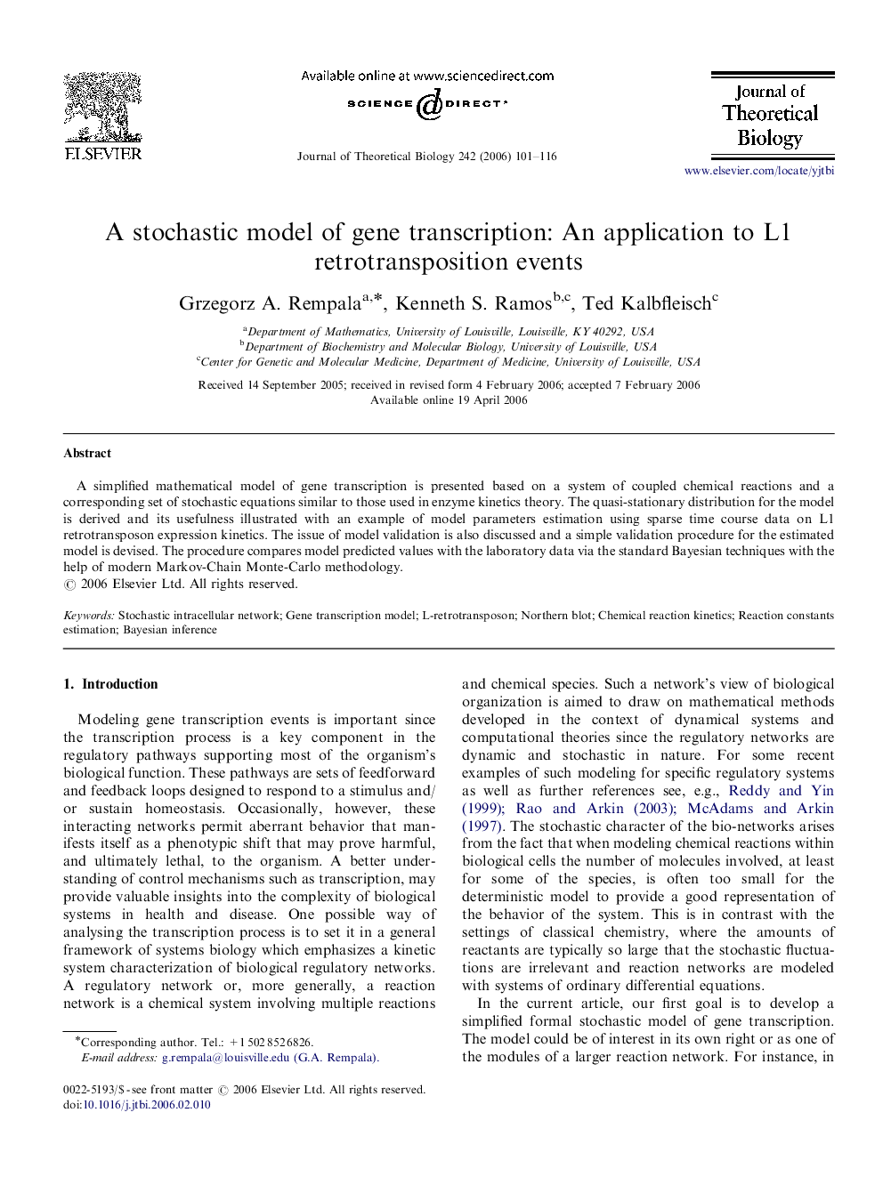 A stochastic model of gene transcription: An application to L1 retrotransposition events