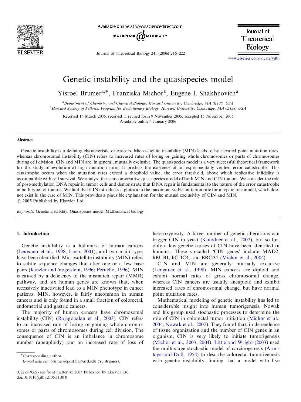 Genetic instability and the quasispecies model