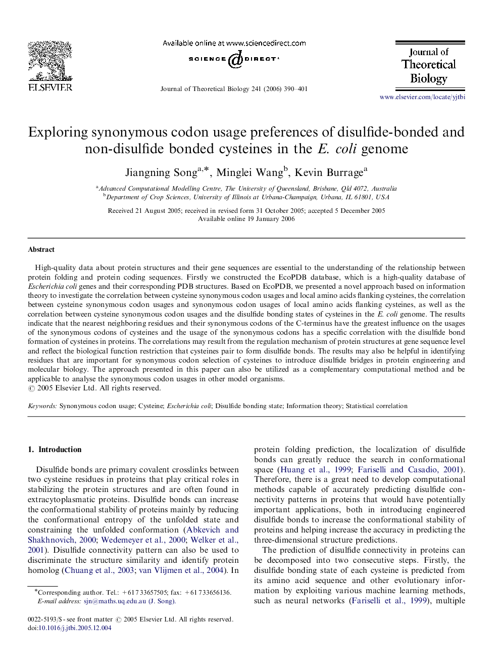 Exploring synonymous codon usage preferences of disulfide-bonded and non-disulfide bonded cysteines in the E. coli genome