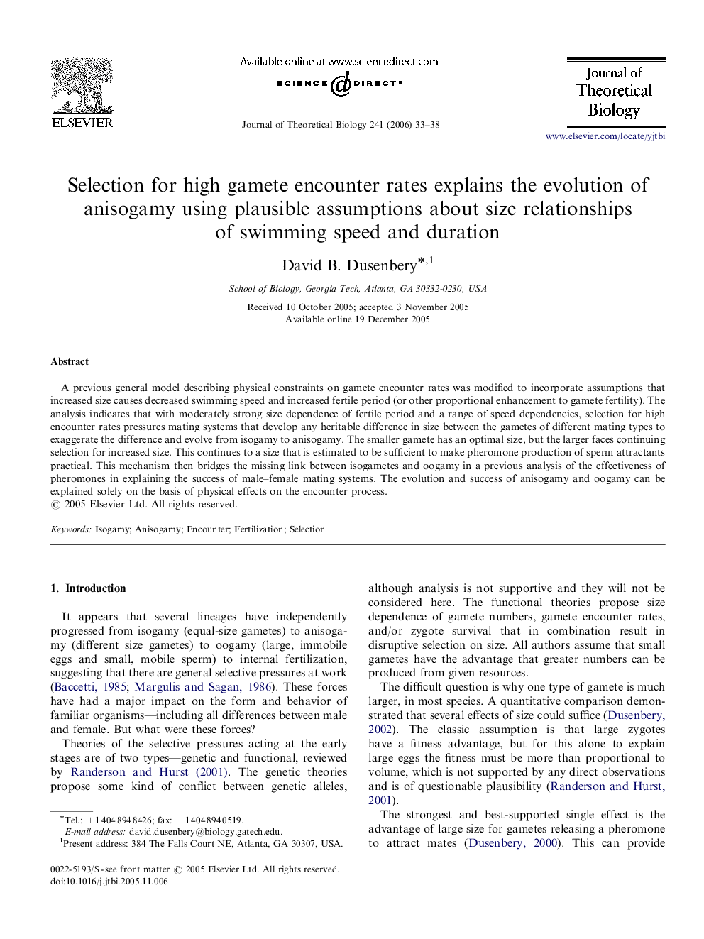 Selection for high gamete encounter rates explains the evolution of anisogamy using plausible assumptions about size relationships of swimming speed and duration