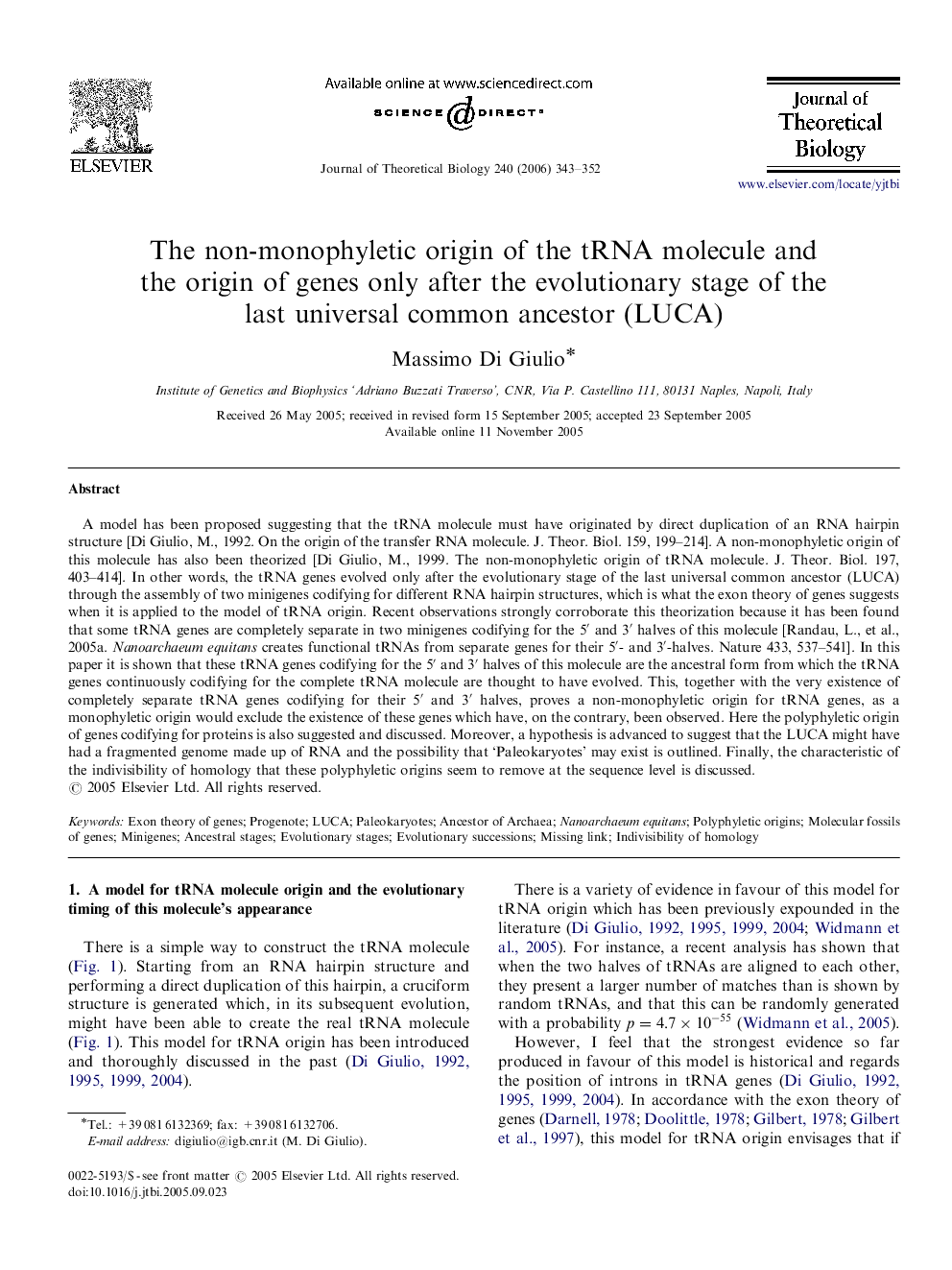 The non-monophyletic origin of the tRNA molecule and the origin of genes only after the evolutionary stage of the last universal common ancestor (LUCA)