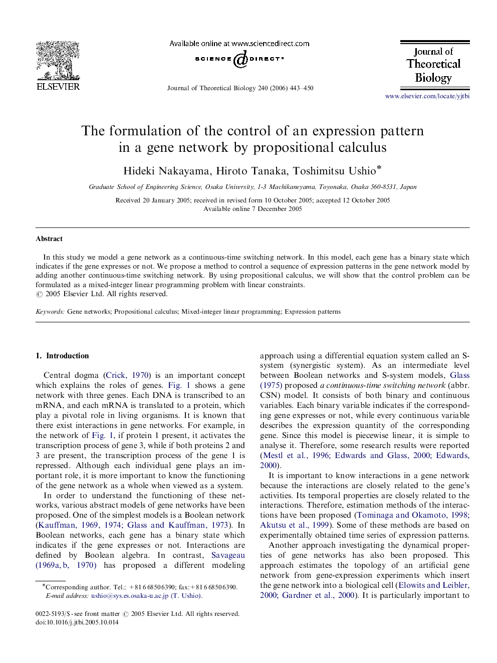 The formulation of the control of an expression pattern in a gene network by propositional calculus