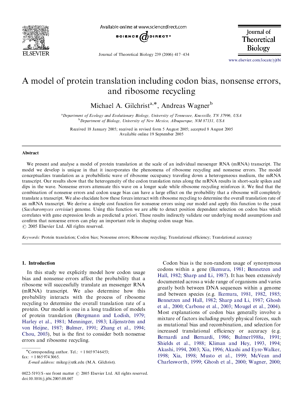 A model of protein translation including codon bias, nonsense errors, and ribosome recycling