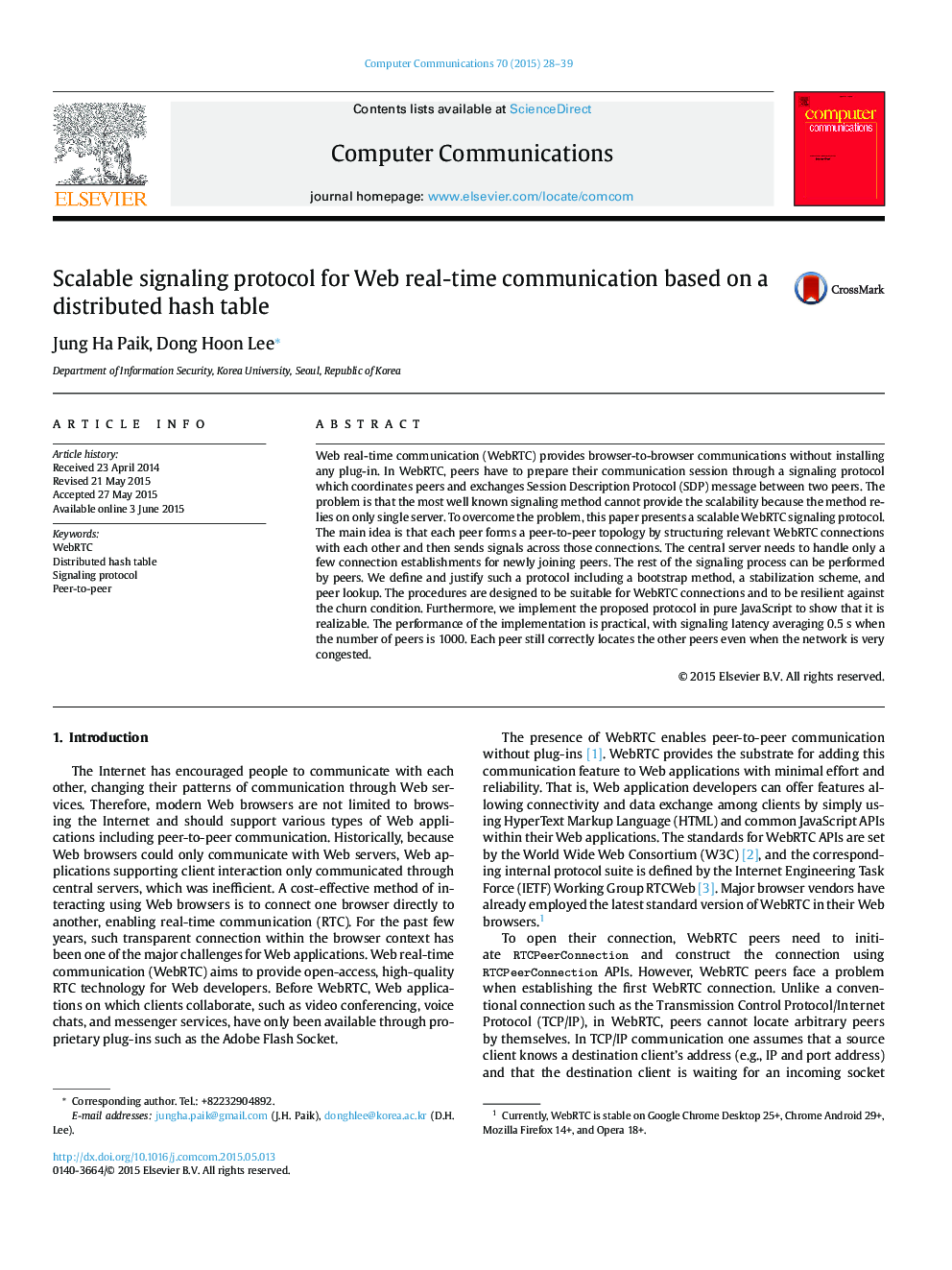 Scalable signaling protocol for Web real-time communication based on a distributed hash table