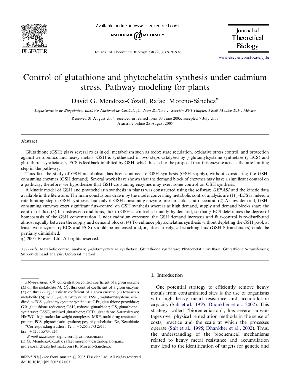 Control of glutathione and phytochelatin synthesis under cadmium stress. Pathway modeling for plants