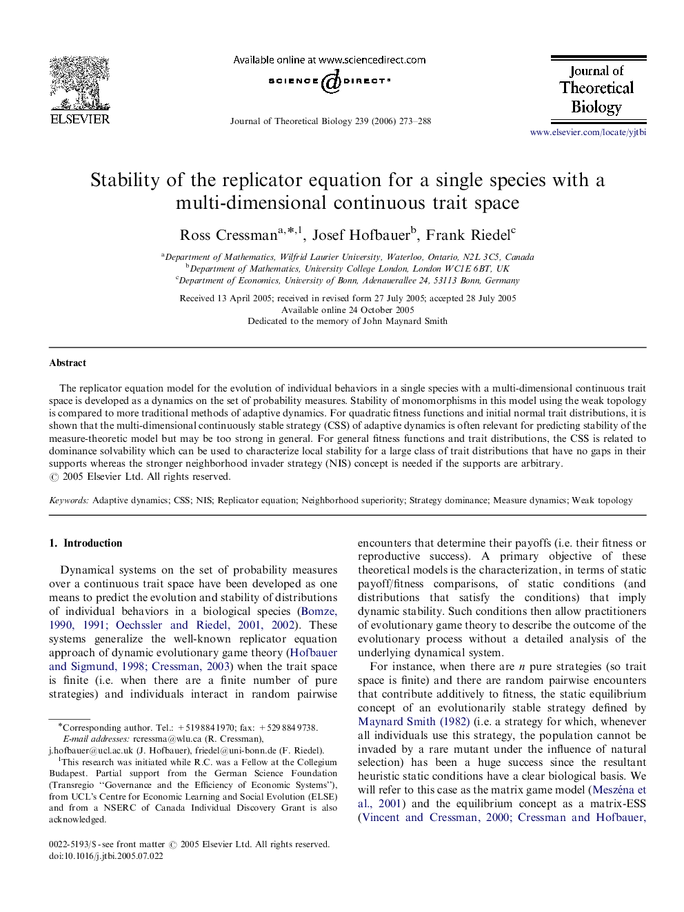 Stability of the replicator equation for a single species with a multi-dimensional continuous trait space