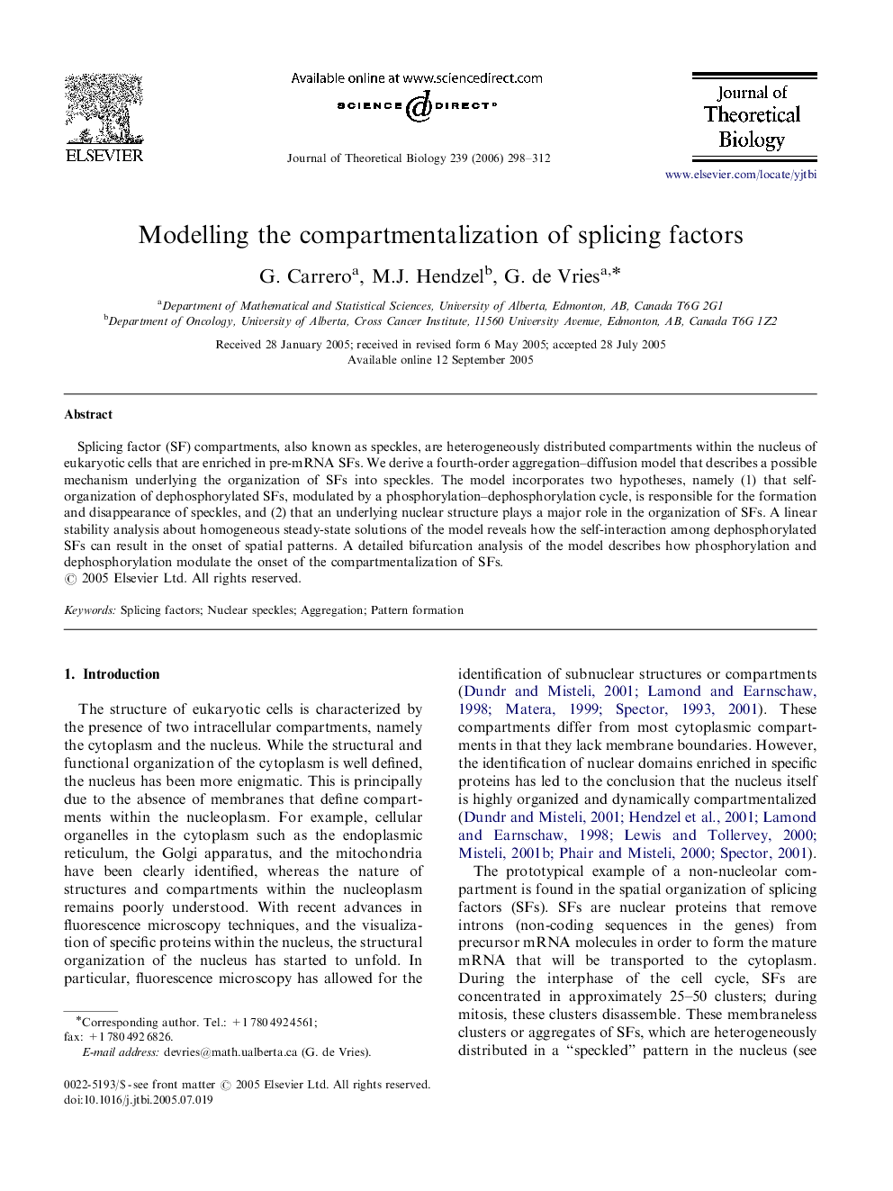 Modelling the compartmentalization of splicing factors