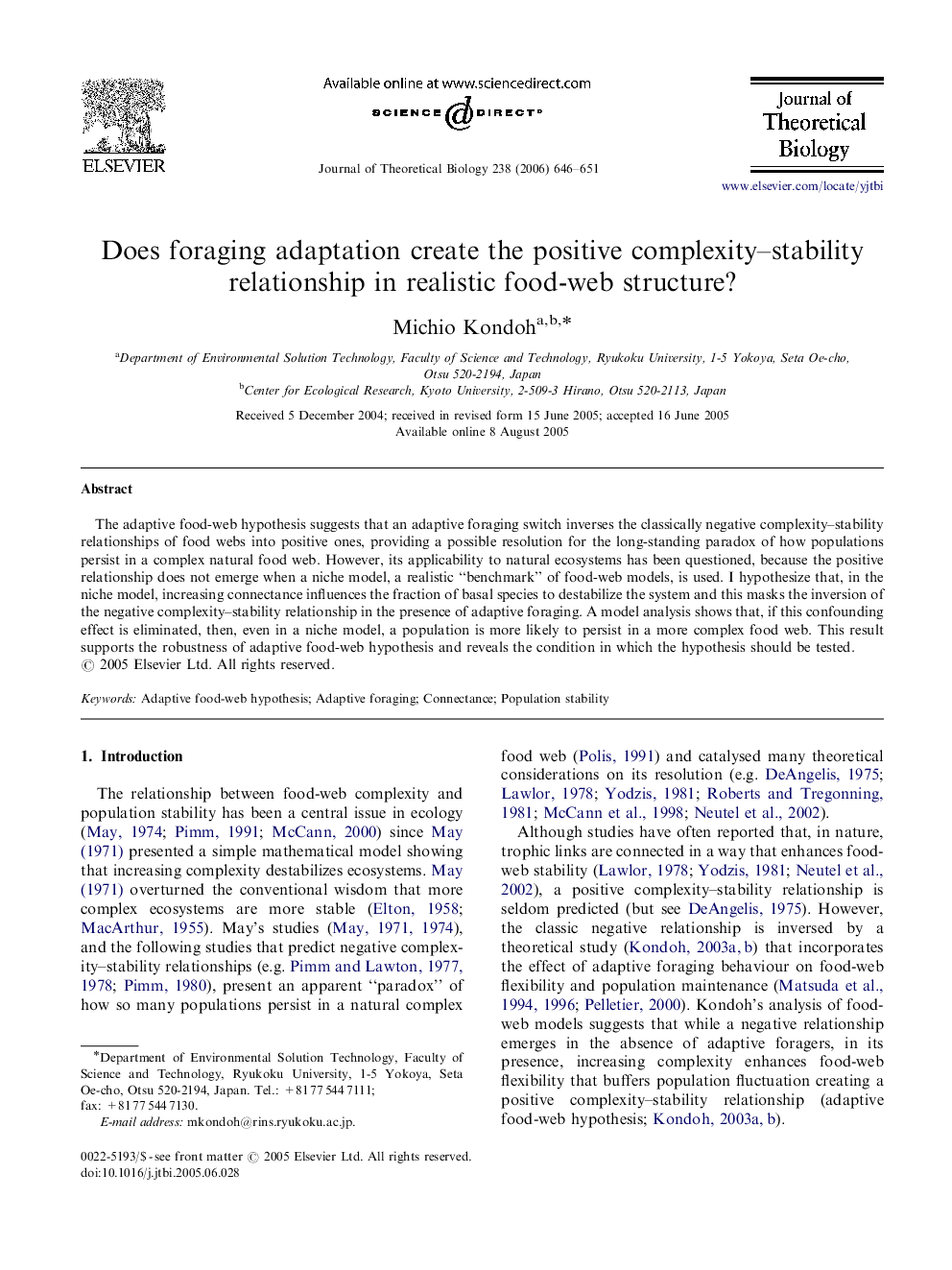 Does foraging adaptation create the positive complexity–stability relationship in realistic food-web structure?