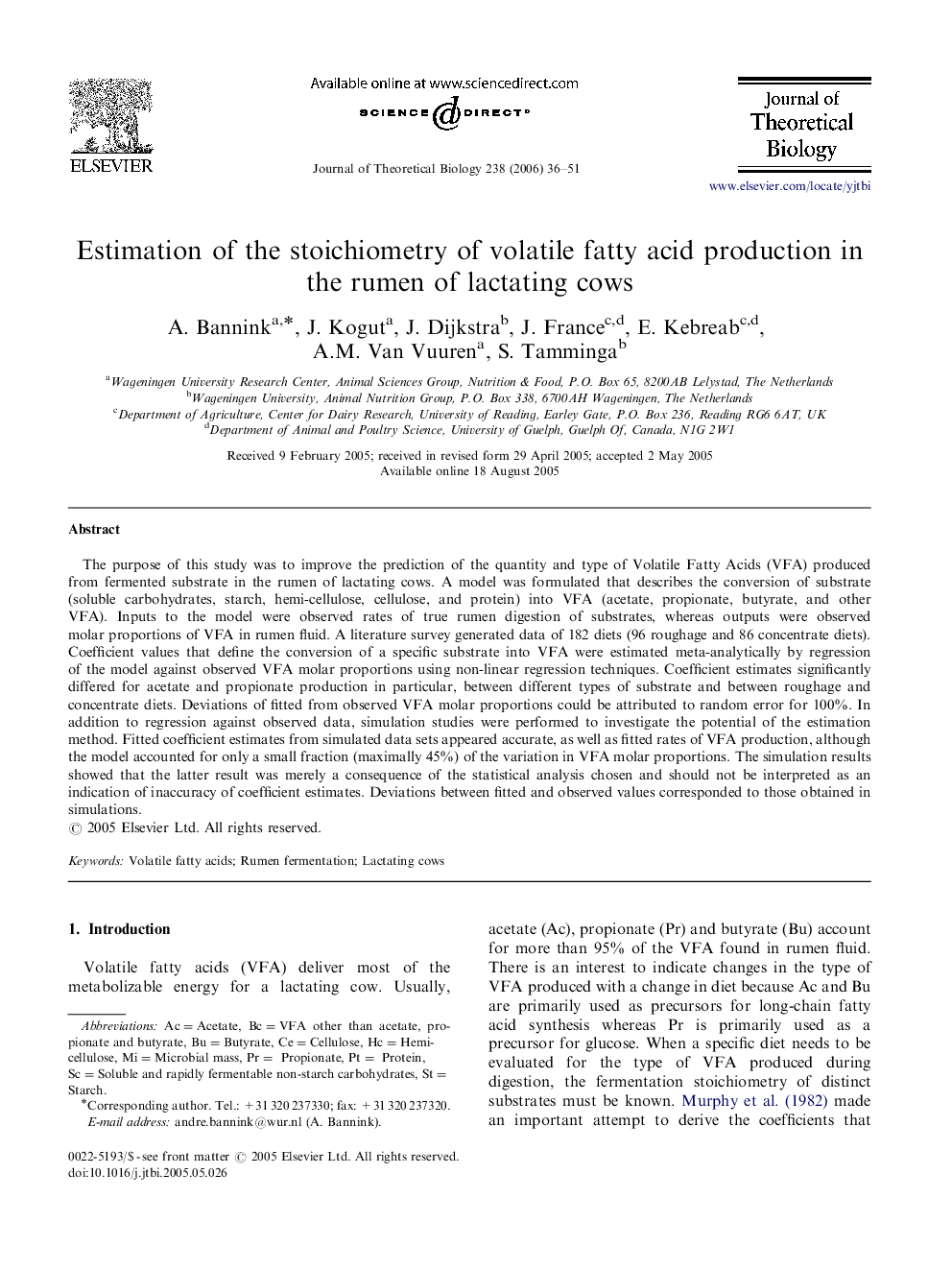 Estimation of the stoichiometry of volatile fatty acid production in the rumen of lactating cows