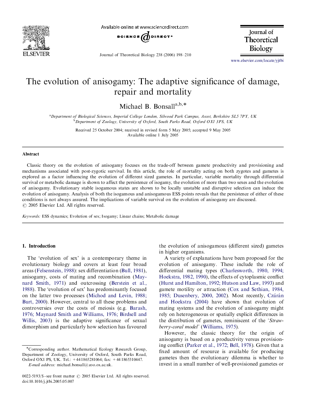 The evolution of anisogamy: The adaptive significance of damage, repair and mortality