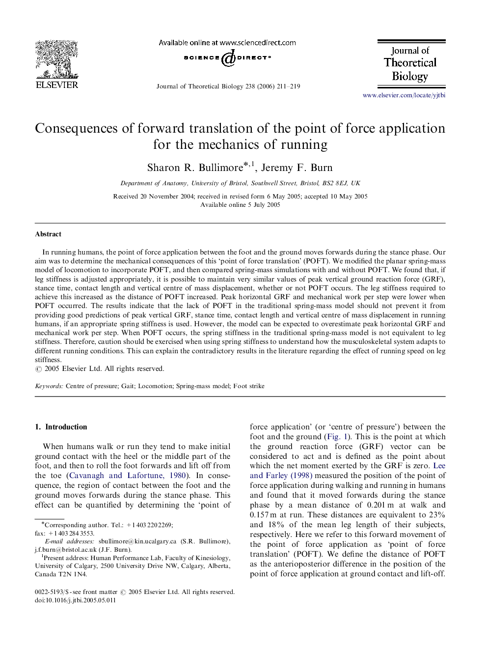 Consequences of forward translation of the point of force application for the mechanics of running