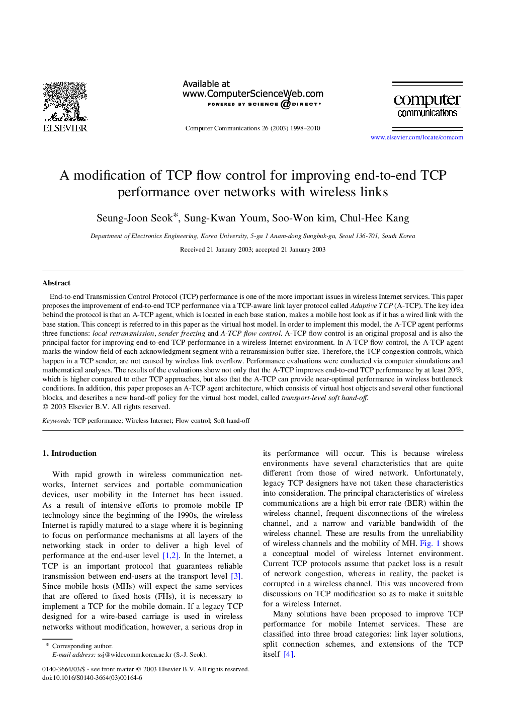 A modification of TCP flow control for improving end-to-end TCP performance over networks with wireless links