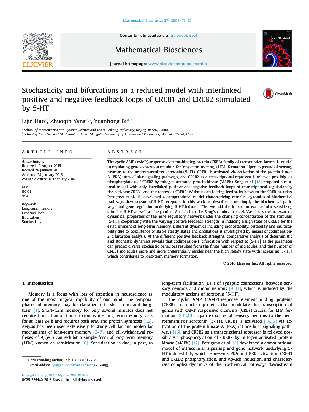 Stochasticity and bifurcations in a reduced model with interlinked positive and negative feedback loops of CREB1 and CREB2 stimulated by 5-HT