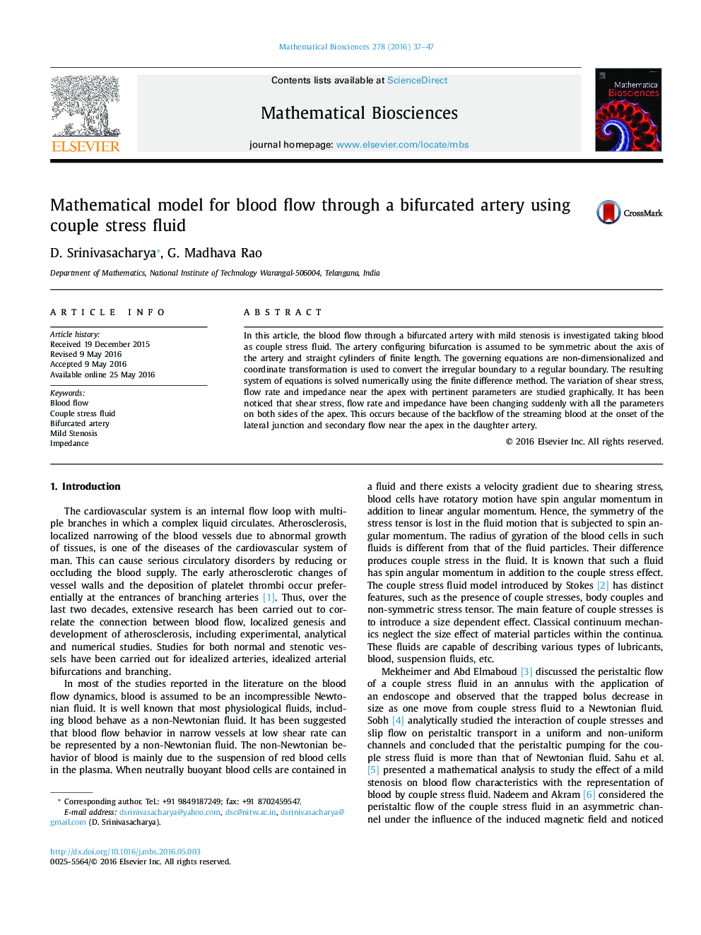 Mathematical model for blood flow through a bifurcated artery using couple stress fluid