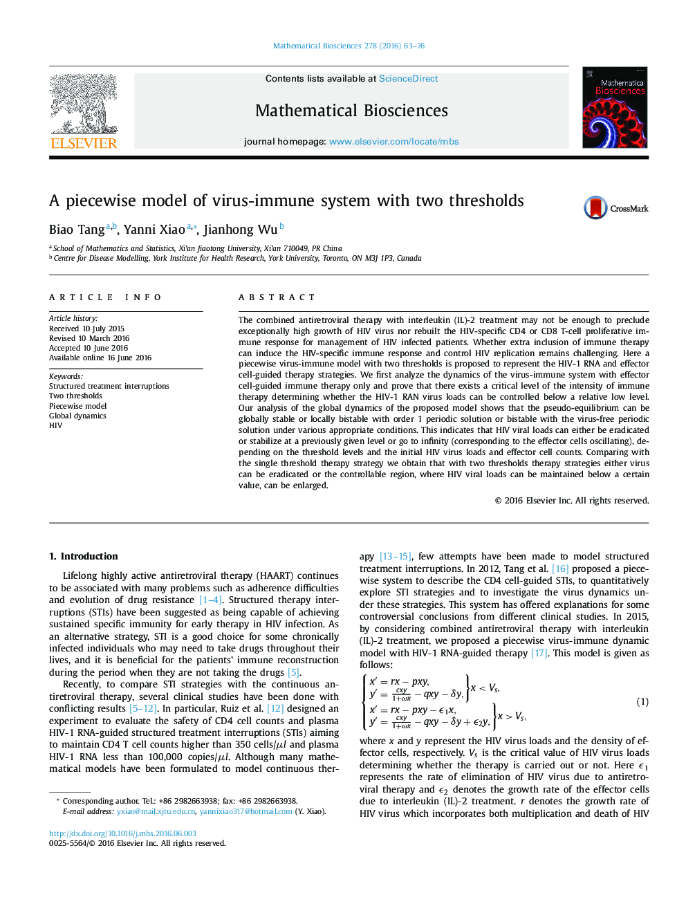 A piecewise model of virus-immune system with two thresholds