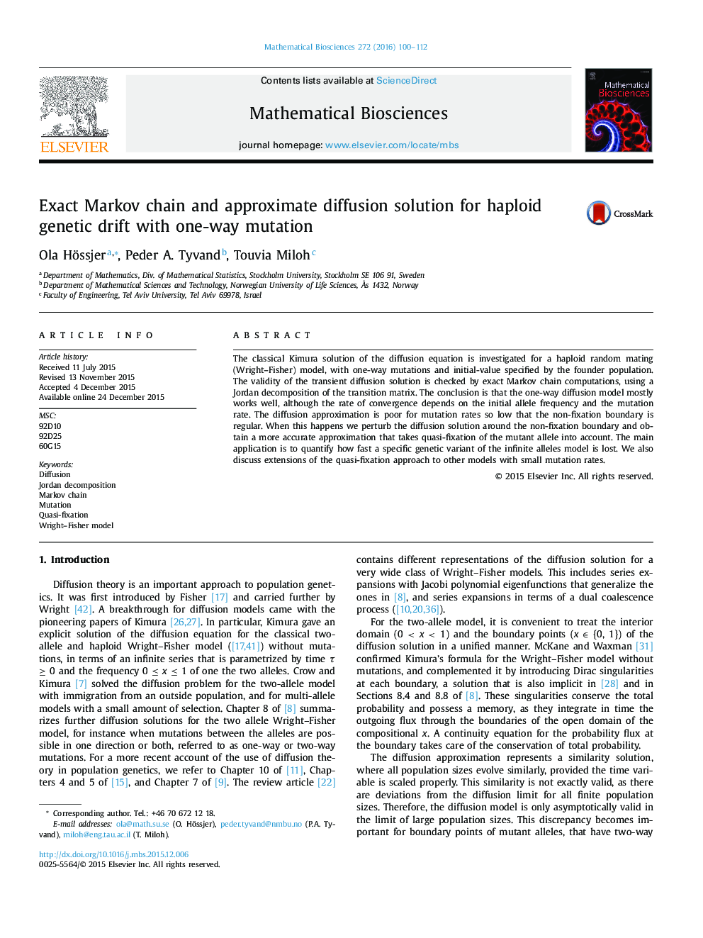 Exact Markov chain and approximate diffusion solution for haploid genetic drift with one-way mutation