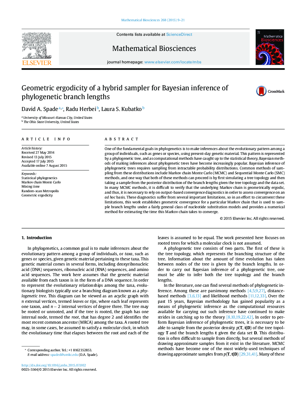 Geometric ergodicity of a hybrid sampler for Bayesian inference of phylogenetic branch lengths