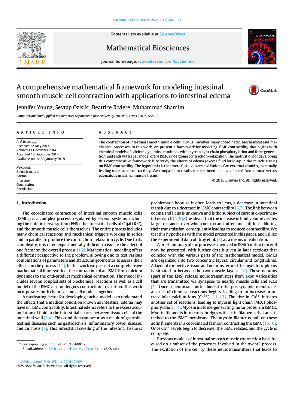 A comprehensive mathematical framework for modeling intestinal smooth muscle cell contraction with applications to intestinal edema