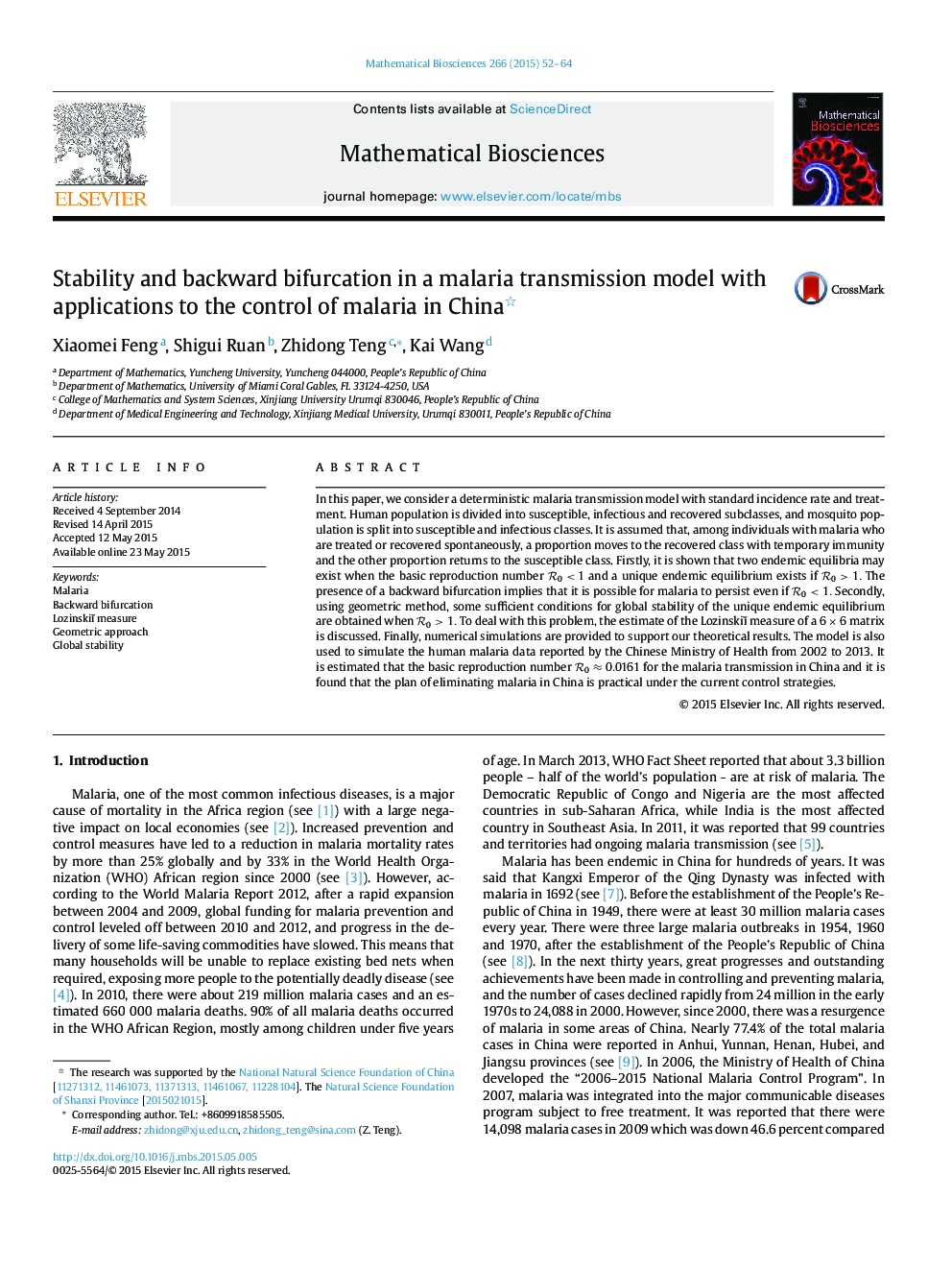 Stability and backward bifurcation in a malaria transmission model with applications to the control of malaria in China 