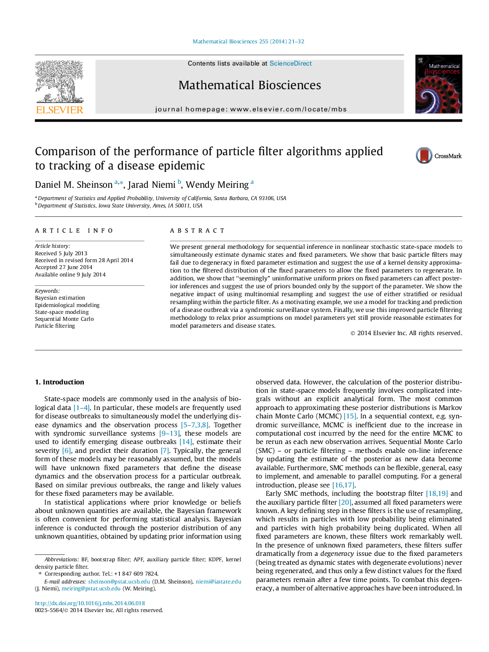 Comparison of the performance of particle filter algorithms applied to tracking of a disease epidemic