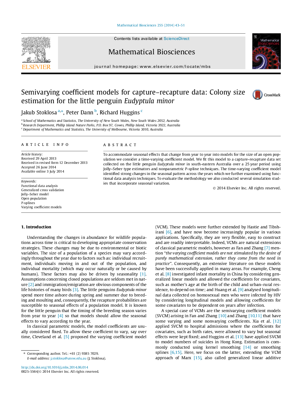 Semivarying coefficient models for capture–recapture data: Colony size estimation for the little penguin Eudyptula minor