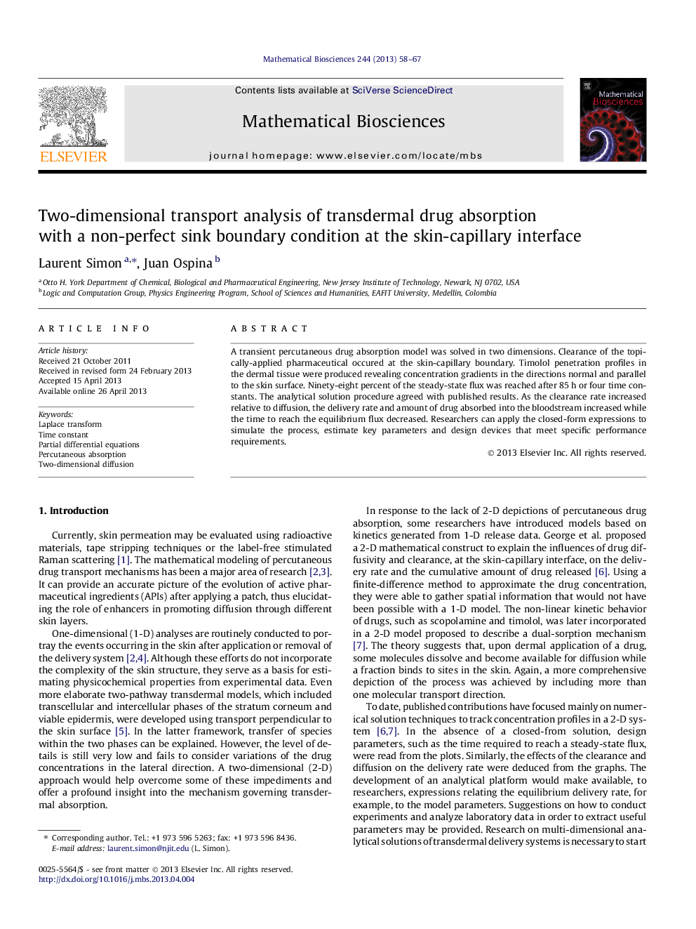 Two-dimensional transport analysis of transdermal drug absorption with a non-perfect sink boundary condition at the skin-capillary interface