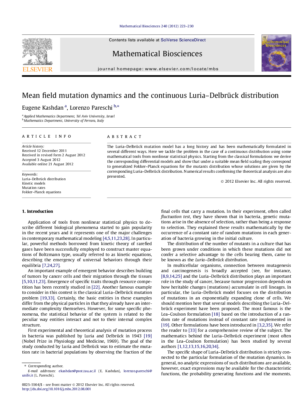 Mean field mutation dynamics and the continuous Luria–Delbrück distribution