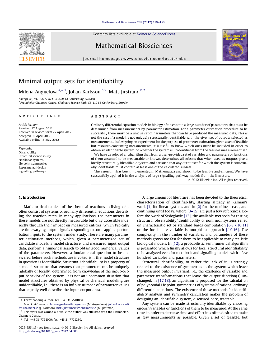 Minimal output sets for identifiability