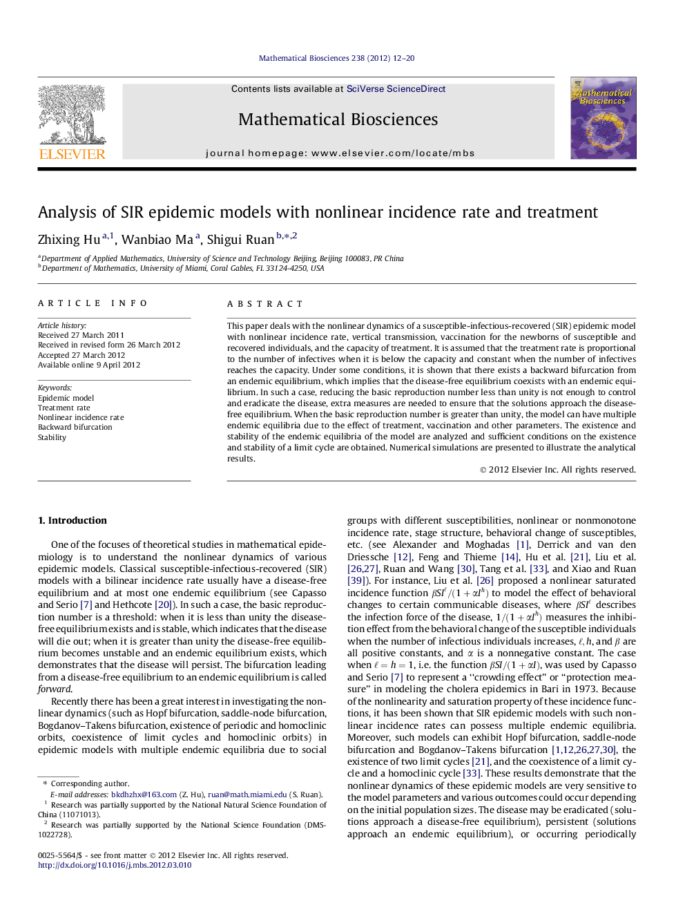 Analysis of SIR epidemic models with nonlinear incidence rate and treatment