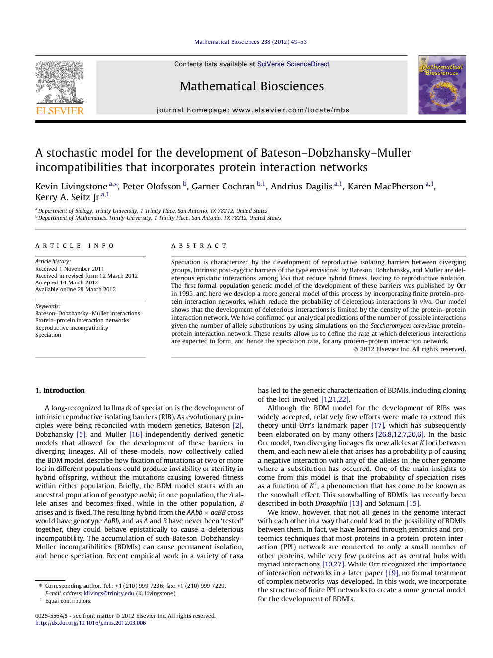 A stochastic model for the development of Bateson–Dobzhansky–Muller incompatibilities that incorporates protein interaction networks