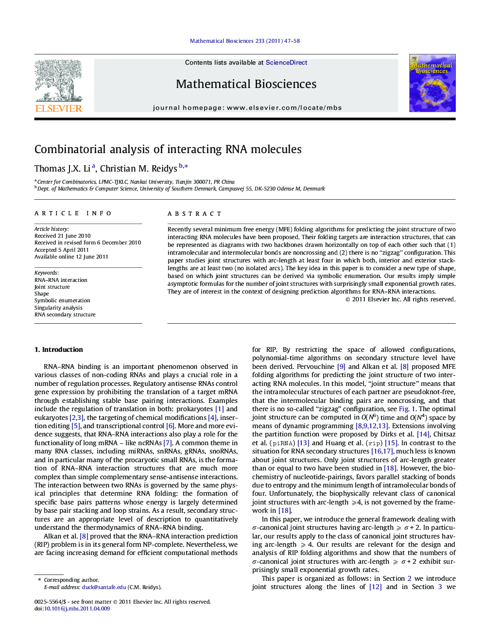 Combinatorial analysis of interacting RNA molecules