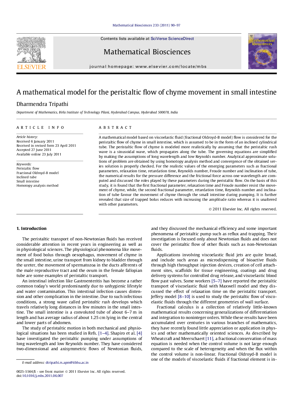 A mathematical model for the peristaltic flow of chyme movement in small intestine