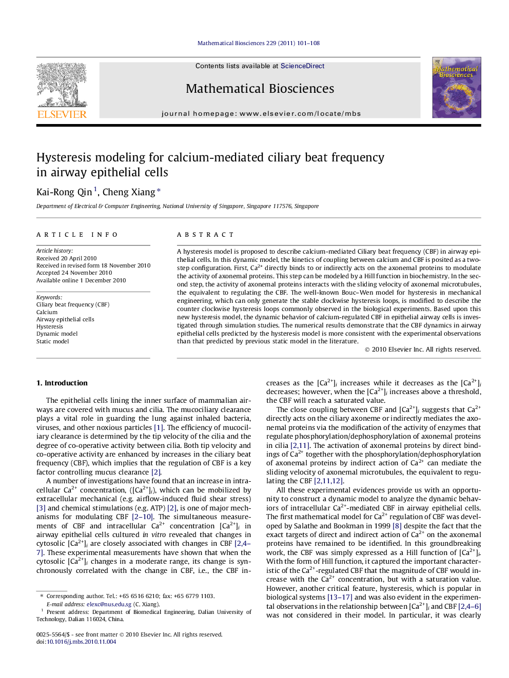 Hysteresis modeling for calcium-mediated ciliary beat frequency in airway epithelial cells