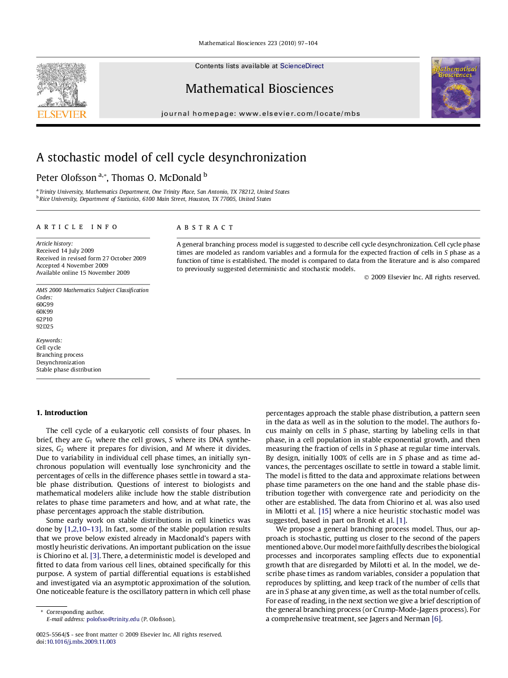 A stochastic model of cell cycle desynchronization